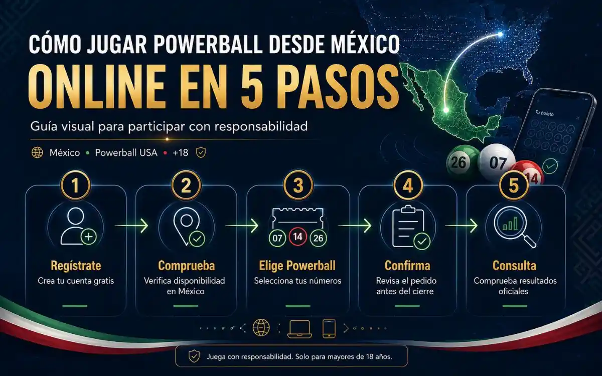 Cómo jugar Powerball desde México online en 5 pasos Infografía sobre cómo jugar Powerball desde México online en 5 pasos de forma responsable