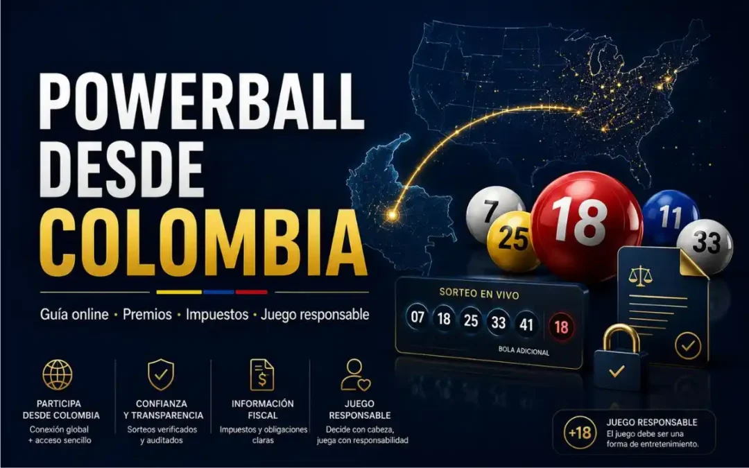 Imagen editorial sobre jugar Powerball desde Colombia online con guía de premios, impuestos y participación responsable