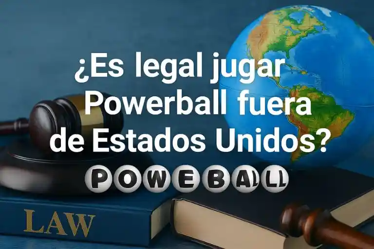 ¿Es legal jugar Powerball fuera de Estados Unidos? Imagen informativa con globo, mazo y libro de leyes
