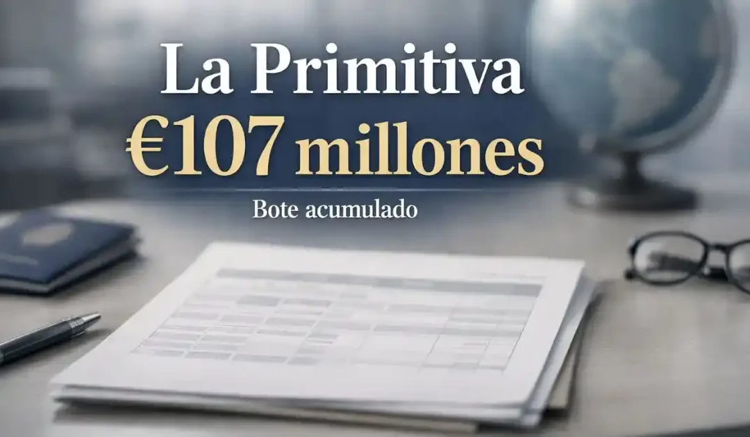 Imagen editorial del bote de La Primitiva alcanzando 107 millones de euros, con estilo informativo y fondo institucional.