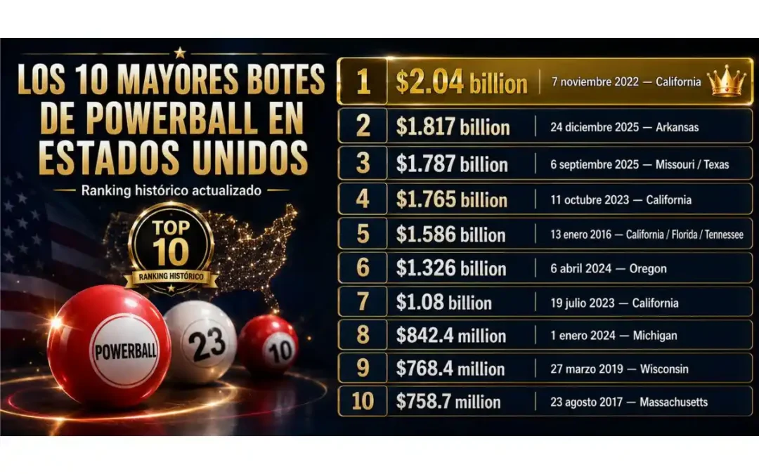 Ranking de los 10 mayores botes de Powerball en Estados Unidos, con premios récord históricos y estados ganadores.
