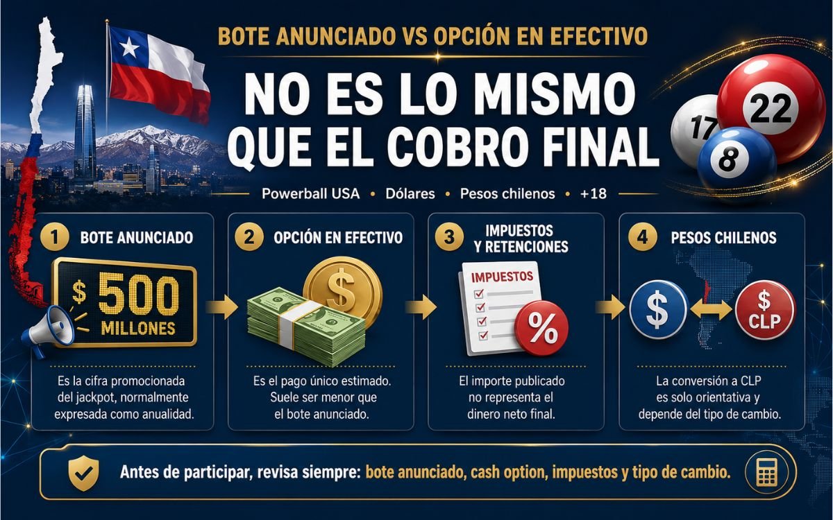 Bote Powerball opción en efectivo y pesos chilenos Infografía sobre bote anunciado de Powerball, opción en efectivo y conversión orientativa a pesos chilenos