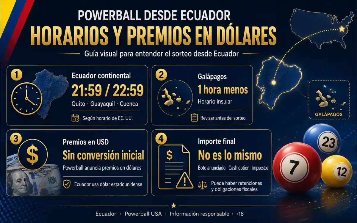 Horario de Powerball en Ecuador y premios en dólares Horario de Powerball en Ecuador continental y Galápagos con premios anunciados en dólares estadounidenses