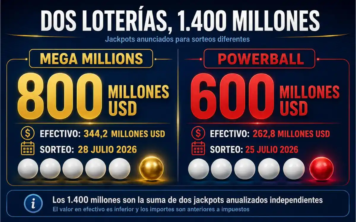 Mega Millions y Powerball suman 1.400 millones Comparativa de los botes de Mega Millions de 800 millones y Powerball de 600 millones en julio de 2026