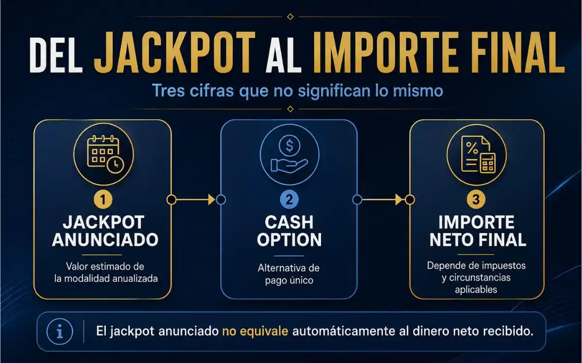 Botes de loterías USA: Jugar Powerball y Mega Millions online 3 Diferencia entre jackpot anunciado, cash option e importe neto en las loterías de Estados Unidos