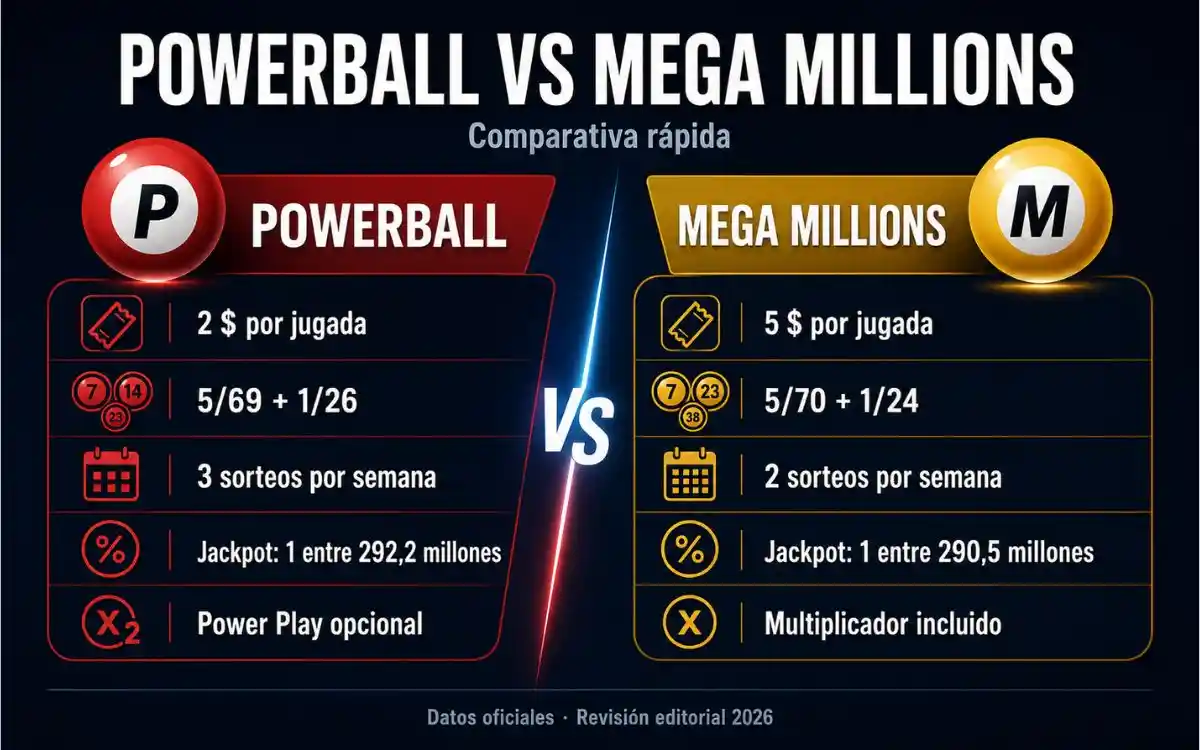 Comparativa de Powerball vs Mega Millions con precio, probabilidades y diferencias principales