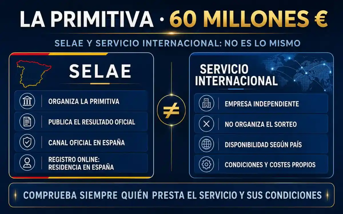La Primitiva alcanza los 60 millones: cómo jugar online desde el extranjero 1 Diferencias entre SELAE y un servicio internacional para participar en La Primitiva desde fuera de España