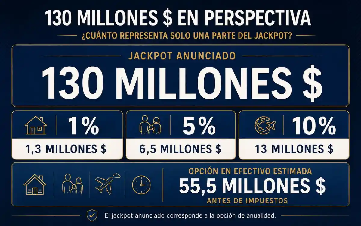 Mega Millions 130 millones en perspectiva Infografía de Mega Millions con 130 millones de dólares y comparaciones del 1%, 5% y 10% del jackpot