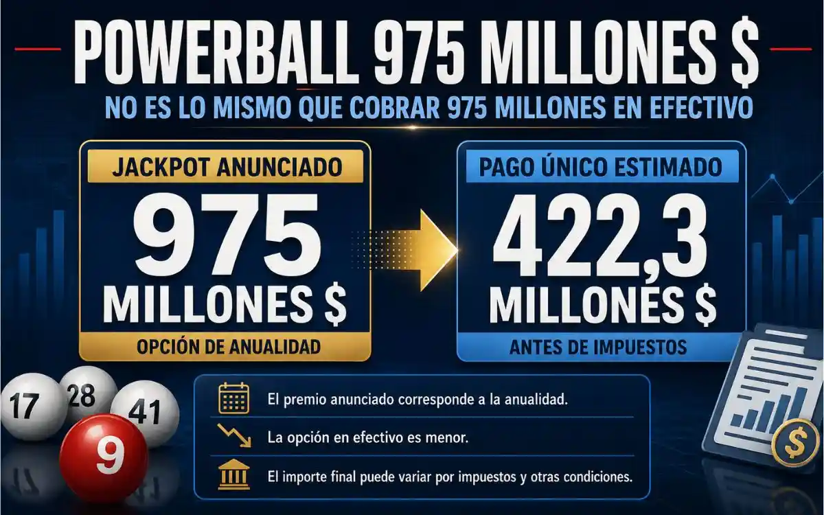 Powerball 975 millones vs 422,3 millones en efectivo Infografía sobre la diferencia entre el jackpot anunciado de Powerball de 975 millones de dólares y la opción de pago único estimado de 422,3 millones