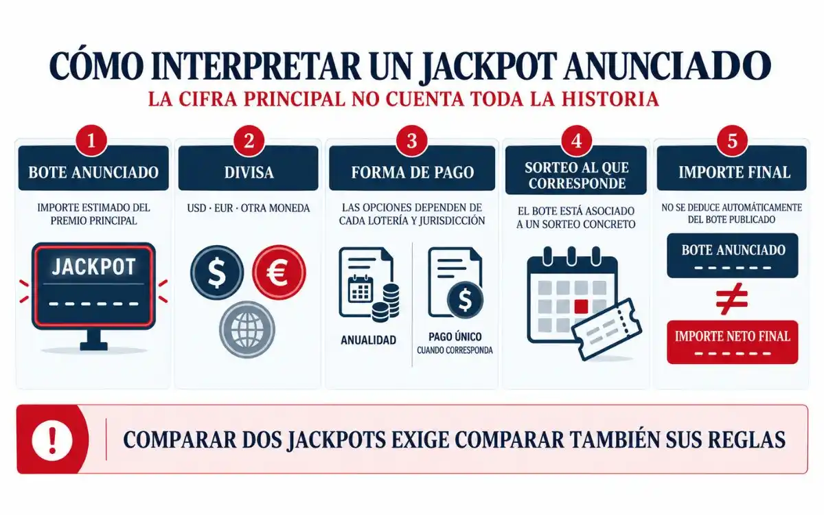 Cómo interpretar correctamente un jackpot anunciado Cómo interpretar el bote anunciado, la divisa, el pago y el importe final de un jackpot