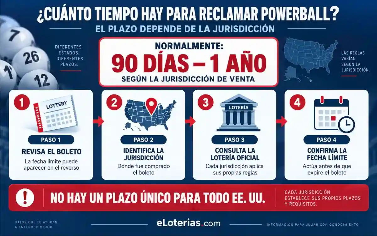 ¿Qué pasa si no reclamas un premio de Powerball? 1 Infografía sobre el plazo para reclamar un premio de Powerball según la jurisdicción de compra