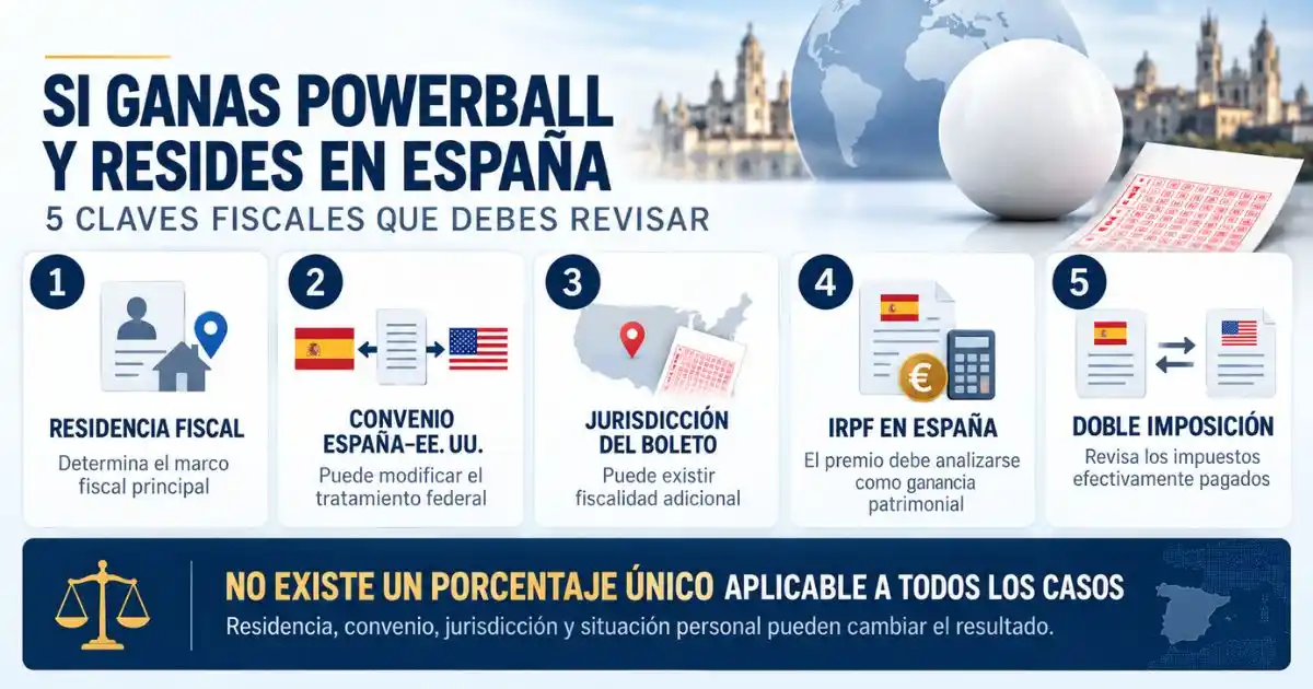 Impuestos de Powerball en España: cómo tributa un premio 2 Infografía con cinco claves fiscales para un residente en España que gana Powerball: residencia, convenio, jurisdicción, IRPF y doble imposición