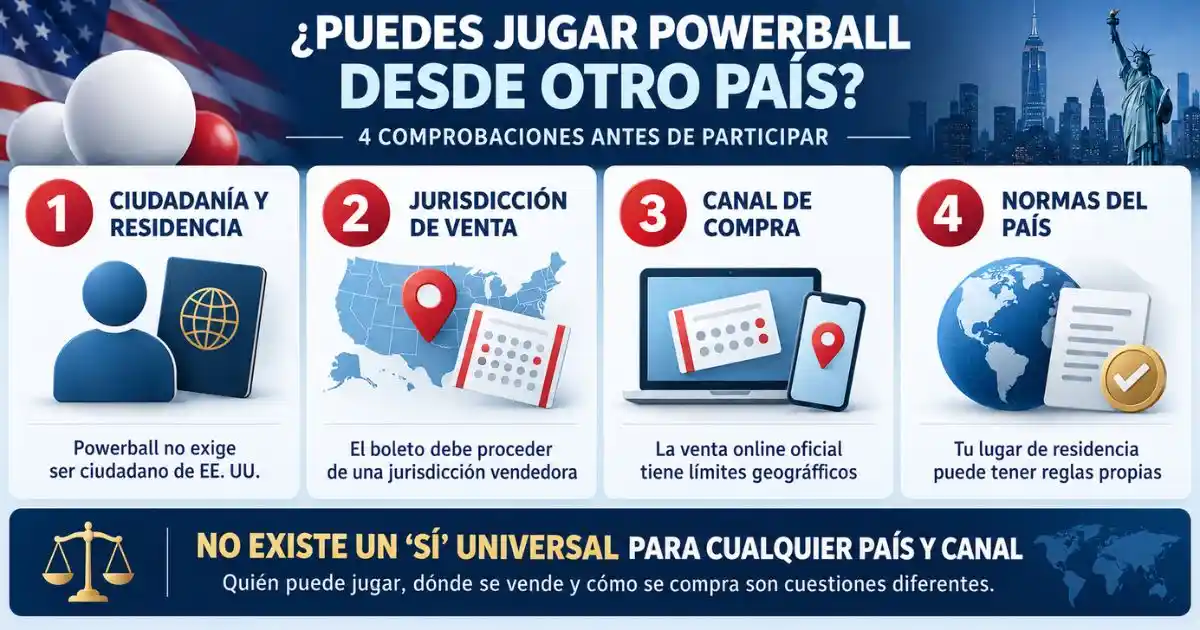 ¿Es legal jugar Powerball fuera de Estados Unidos? 2 Infografía sobre jugar Powerball desde otro país: ciudadanía, jurisdicción de venta, canal de compra y normas locales