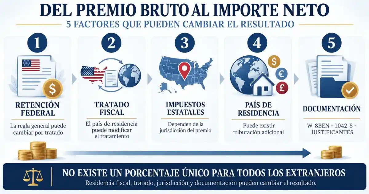 Impuestos y cobro de loterías de EE. UU. para extranjeros 3 Infografía sobre impuestos de loterías de Estados Unidos para extranjeros: retención federal, tratado, impuestos estatales y país de residencia
