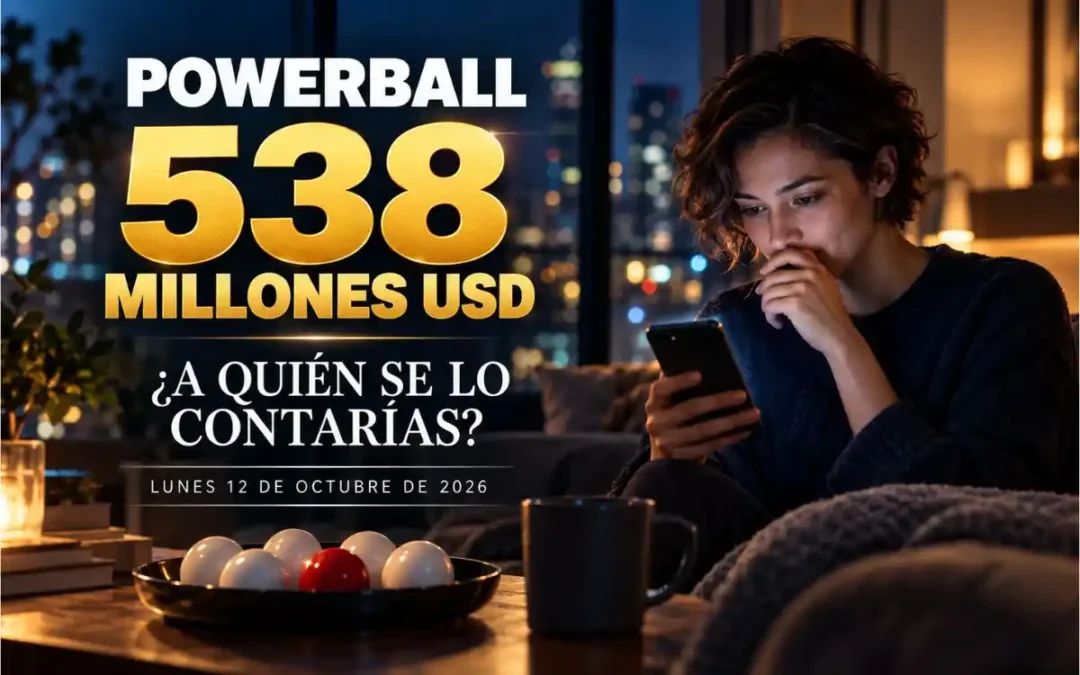 Persona mirando su celular con sorpresa ante el premio de Powerball de 538 millones de dólares.