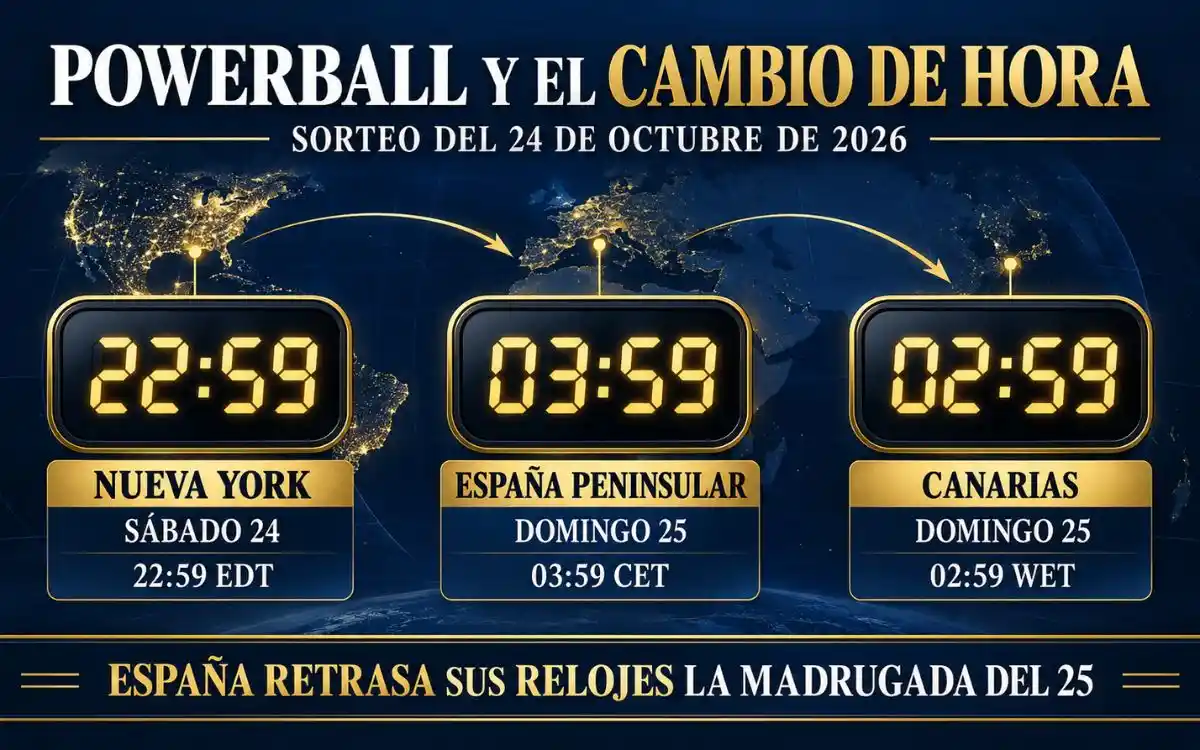 Powerball 674 millones: cambio de hora en España Infografía del cambio de hora de Powerball: sábado 24 de octubre a las 22:59 en Nueva York y domingo 25 a las 03:59 en España peninsular y 02:59 en Canarias.