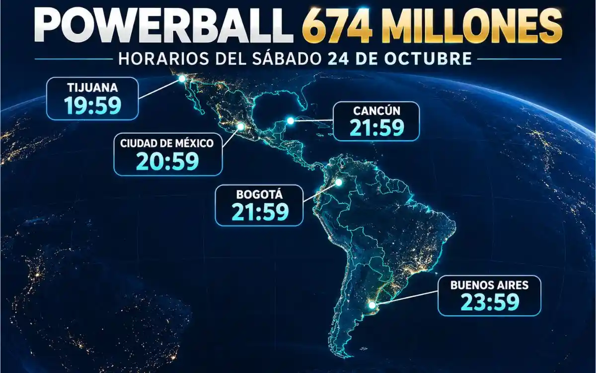 Powerball 674 millones: horarios en México y Latinoamérica Tabla gráfica de horarios del sorteo Powerball del 24 de octubre de 2026: Tijuana 19:59, Ciudad de México 20:59, Cancún y Bogotá 21:59 y Buenos Aires 23:59.
