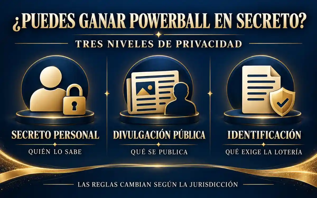 Powerball 538 millones desde México: si ganaras, ¿a quién se lo contarías? 2 Infografía con tres niveles de privacidad de un ganador de Powerball: secreto personal, divulgación pública e identificación.